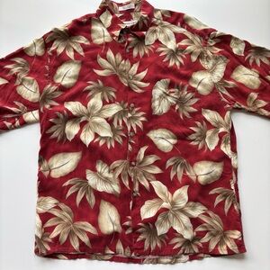 Vintage Pierre Cardin Red & Cream Leaf Print Hawaiian Button Up Shirt Large